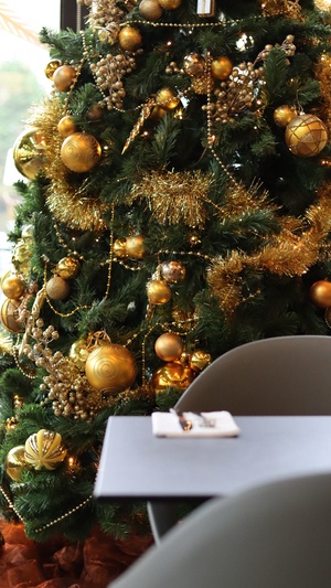 Kerstboom bij Restaurant Vlonders met gedekte tafel in voorgrond
